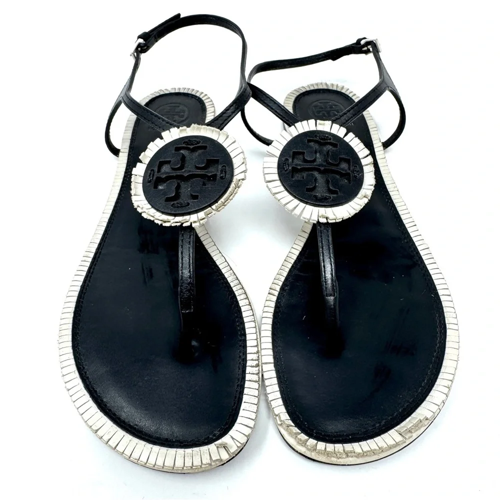 Tory Burch Miller Fringe Ankle Strap Sandals - Black & Off White